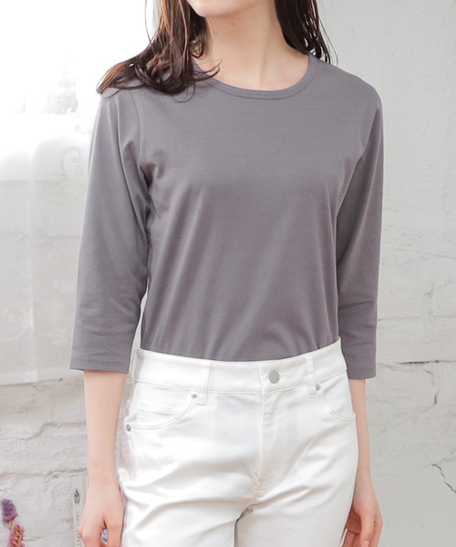 Honeys（ハニーズ）の「７分袖オーガニックＴ（Tシャツ/カットソー・レディース・杢グレー/パープル/ライトグリーン/ネイビー/スミクロ/ブラック/サックスブルー/オフホワイト・L/S/LL/M）」の4枚目の写真