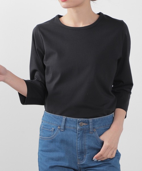 Honeys（ハニーズ）の「７分袖オーガニックＴ（Tシャツ/カットソー・レディース・杢グレー/パープル/ライトグリーン/ネイビー/スミクロ/ブラック/サックスブルー/オフホワイト・L/S/LL/M）」の3枚目の写真