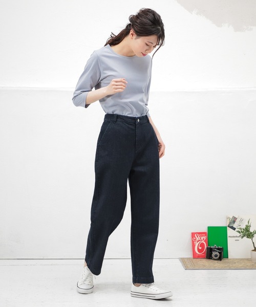 Honeys（ハニーズ）の「７分袖オーガニックＴ（Tシャツ/カットソー・レディース・杢グレー/パープル/ライトグリーン/ネイビー/スミクロ/ブラック/サックスブルー/オフホワイト・L/S/LL/M）」の9枚目の写真