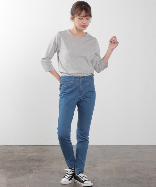 Honeys（ハニーズ）の「７分袖オーガニックＴ（Tシャツ/カットソー・レディース・杢グレー/パープル/ライトグリーン/ネイビー/スミクロ/ブラック/サックスブルー/オフホワイト・L/S/LL/M）」の15枚目の写真