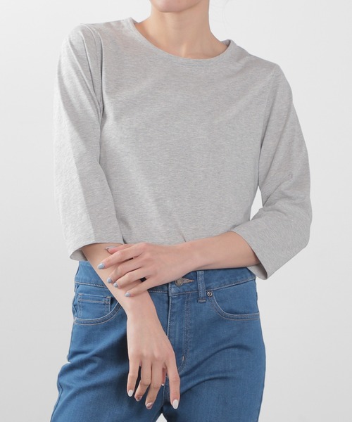 Honeys（ハニーズ）の「７分袖オーガニックＴ（Tシャツ/カットソー・レディース・杢グレー/パープル/ライトグリーン/ネイビー/スミクロ/ブラック/サックスブルー/オフホワイト・L/S/LL/M）」の16枚目の写真