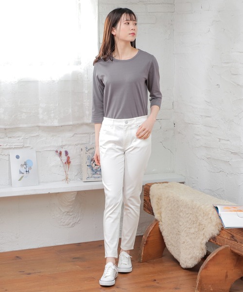 Honeys（ハニーズ）の「７分袖オーガニックＴ（Tシャツ/カットソー・レディース・杢グレー/パープル/ライトグリーン/ネイビー/スミクロ/ブラック/サックスブルー/オフホワイト・L/S/LL/M）」の18枚目の写真