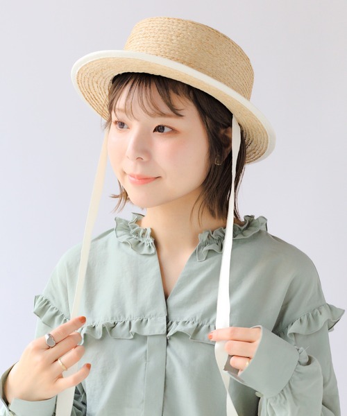 14+（イチヨンプラス）の「ラフィアブレードリボン付きカンカン帽（ハット・レディース・ブラック/アイボリー/ナチュラル・FREE）」の3枚目の写真