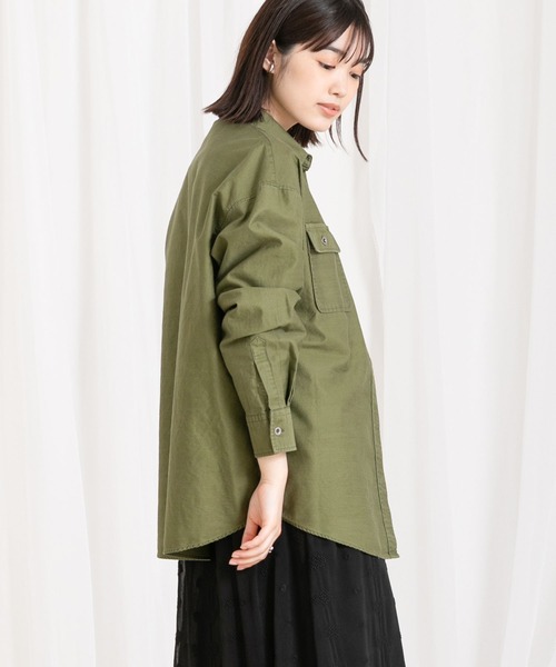 美品 ヨリ バックフリル サファリロングジャケット シャツワンピース カーキ ジーラ GeeRA 綿100％ポケット付Tシャツワンピース （カーキ