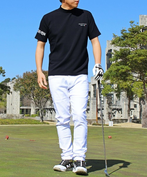 セール】接触冷感 半袖 ゴルフモックネック 袖ロゴ ポロシャツ 切替