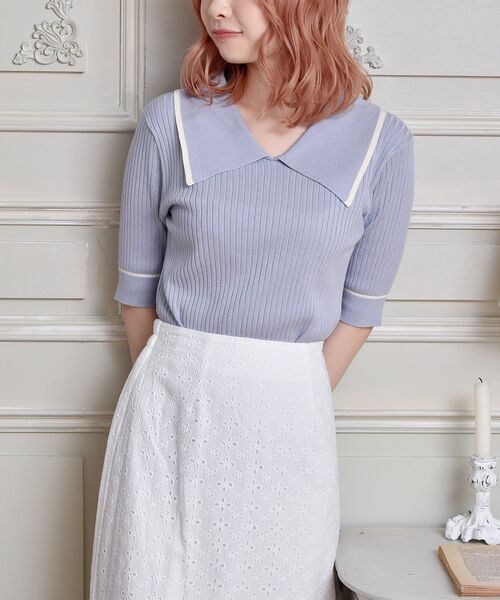 ems excite（エムズエキサイト）の「デカ襟半袖ニット（ニット/セーター・レディース・ブラック/オフホワイト/ブルー/ブラック系その他3・FREE）」の4枚目の写真