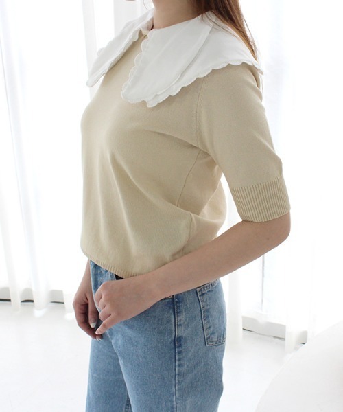 MODE ROBE(モードローブ)の「ダブルフリルセーラーカラーニットトップス(Tシャツ/カットソー・レディース・ブラック/ベージュ/その他・FREE)」の2枚目の写真