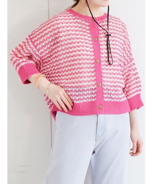 ehka sopo（エヘカソポ）の「透かしボーダークルーカーディガン（カーディガン/ボレロ・レディース・ブラック/ピンク/イエロー/グリーン・ﾌﾘ-）」の4枚目の写真