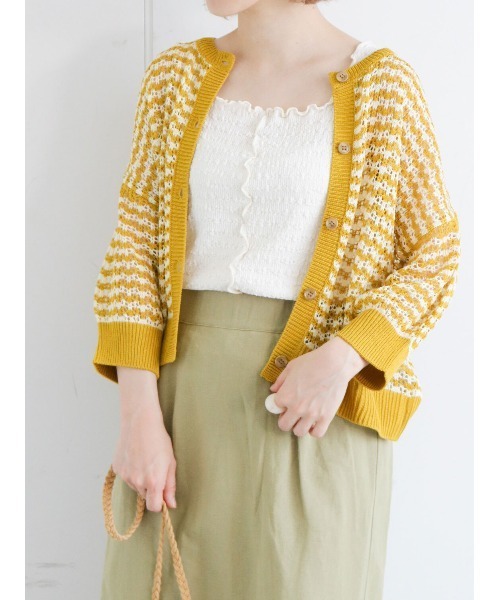 ehka sopo（エヘカソポ）の「透かしボーダークルーカーディガン（カーディガン/ボレロ・レディース・ブラック/ピンク/イエロー/グリーン・ﾌﾘ-）」の3枚目の写真