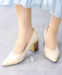 Liberty doll / ゴールドヒール べっ甲ヒール Vカットポインテッドデザインヒールパンプス (1167) 太ヒールパンプス