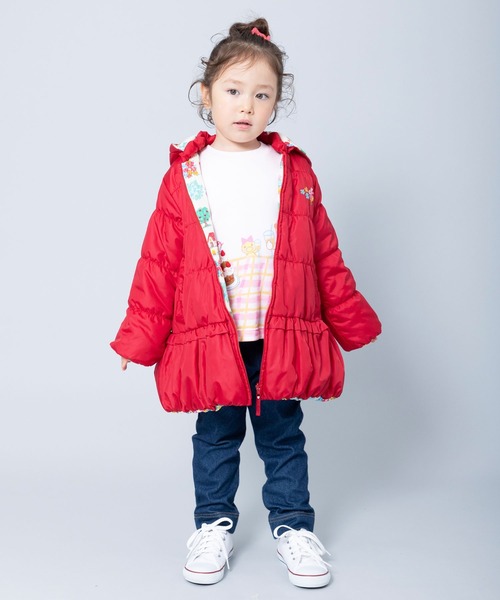 KP（ケーピー）の「森のmimiちゃん柄リバーシブルタフタ中綿ジャケット(100～130cm)（ノーカラーコート・キッズ・レッド/パープル/ピンク・100cm/120cm/110cm/130cm）」の4枚目の写真