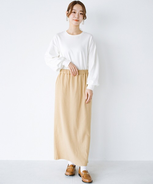 haco!（ハコ）の「シンプルなのに大人っぽさ2割増！シルエットにこだわった　やさしい着心地のすらり見えカットソースカートby who made me（スカート・レディース・ブラック/ベージュ/グリーン/ピンク・SMALL/MEDIUM/LARGE/X-LARGE）」の5枚目の写真