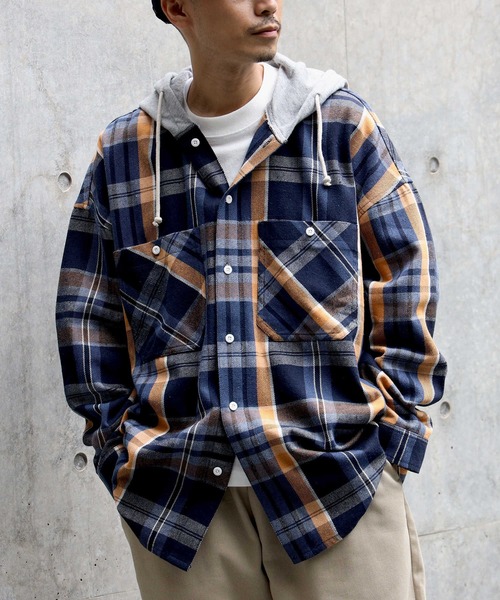 BACK NUMBER（バックナンバー）の「【BACK NUMBER】フードヘビーネルシャツ（シャツ/ブラウス・メンズ・ネイビー/イエロー/ブルー・M/L/XL）」の2枚目の写真