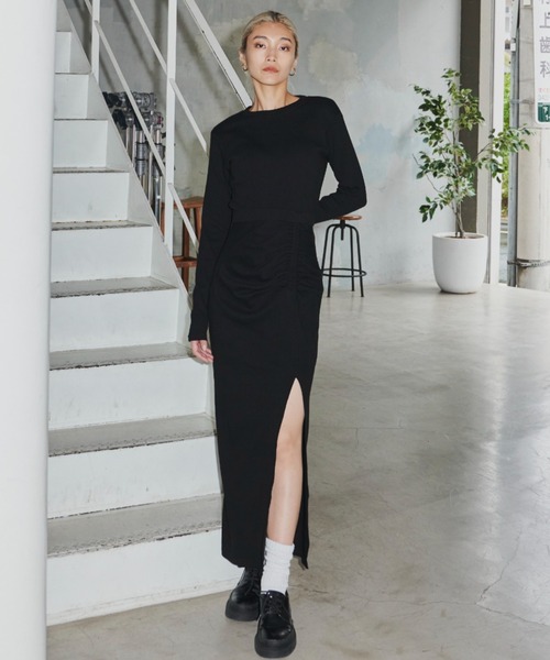 FIG&VIPER（フィグアンドバイパー）の「リブニットスリットギャザーロングワンピース（ワンピース・レディース・ブラック/モカ/ネイビー・FREE）」の13枚目の写真