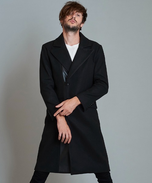 NO ID.(ノーアイディ)の「mj8894-シンセティックレザー切替チェスターコート(チェスターコート・メンズ・グレー/ブラック/ネイビー・2/1)」の16枚目の写真