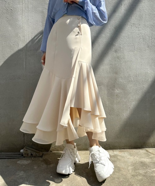 OLIVE des OLIVE（オリーブデオリーブ）の「【WEB限定】裾シフォンマーメイドスカート（スカート・レディース・ライトグレー/アイボリー/スミクロ/ミント・FREE）」の2枚目の写真