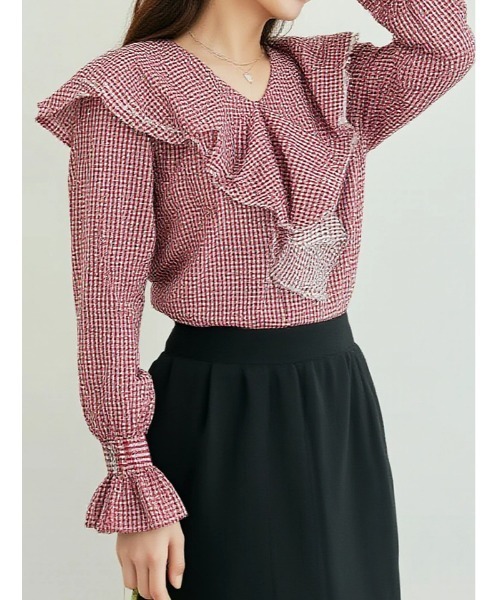 【値下げ】【MACHATT】 フリルチェックシャツ 長袖　ブラウス 週末価格】【MACHATT】 フリルチェックシャツ 長袖 ブラウス