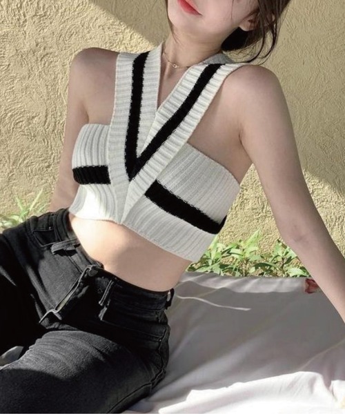 meJane（ミージェーン）の「バイカラーラインデザインニットチューブトップ（チューブトップ・レディース・ホワイト系・FREE）」の4枚目の写真