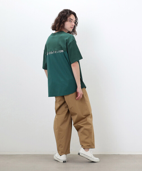 Purple&Yellow(パープルアンドイエロー)の「布帛切替 バックロゴプリント Tシャツ(Tシャツ/カットソー・メンズ・グレイッシュベージュ/グリーン/サックスブルー/ブラック/ホワイト・S/L/M)」の6枚目の写真