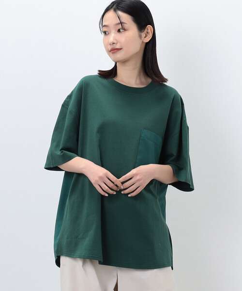 Purple&Yellow(パープルアンドイエロー)の「布帛切替 バックロゴプリント Tシャツ(Tシャツ/カットソー・メンズ・グレイッシュベージュ/グリーン/サックスブルー/ブラック/ホワイト・S/L/M)」の9枚目の写真