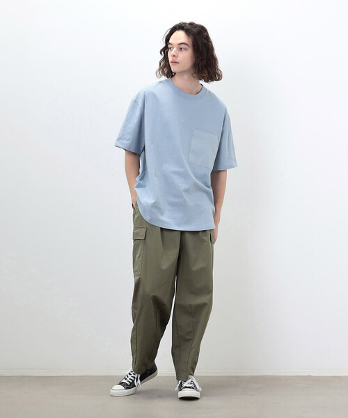 Purple&Yellow(パープルアンドイエロー)の「布帛切替 バックロゴプリント Tシャツ(Tシャツ/カットソー・メンズ・グレイッシュベージュ/グリーン/サックスブルー/ブラック/ホワイト・S/L/M)」の10枚目の写真