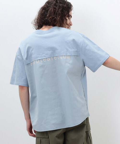 Purple&Yellow(パープルアンドイエロー)の「布帛切替 バックロゴプリント Tシャツ(Tシャツ/カットソー・メンズ・グレイッシュベージュ/グリーン/サックスブルー/ブラック/ホワイト・S/L/M)」の12枚目の写真