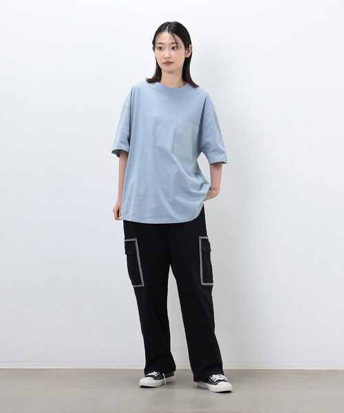 Purple&Yellow(パープルアンドイエロー)の「布帛切替 バックロゴプリント Tシャツ(Tシャツ/カットソー・メンズ・グレイッシュベージュ/グリーン/サックスブルー/ブラック/ホワイト・S/L/M)」の13枚目の写真