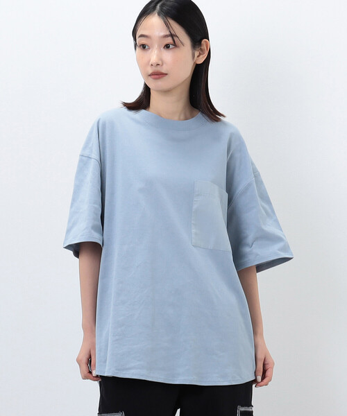 Purple&Yellow(パープルアンドイエロー)の「布帛切替 バックロゴプリント Tシャツ(Tシャツ/カットソー・メンズ・グレイッシュベージュ/グリーン/サックスブルー/ブラック/ホワイト・S/L/M)」の14枚目の写真