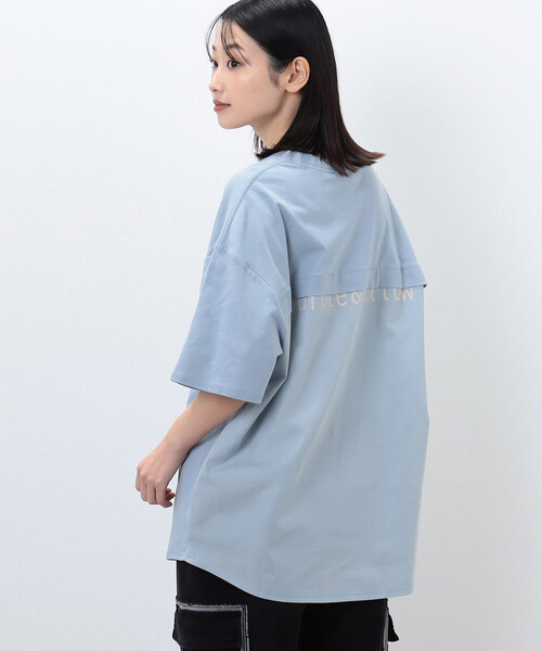 Purple&Yellow(パープルアンドイエロー)の「布帛切替 バックロゴプリント Tシャツ(Tシャツ/カットソー・メンズ・グレイッシュベージュ/グリーン/サックスブルー/ブラック/ホワイト・S/L/M)」の15枚目の写真