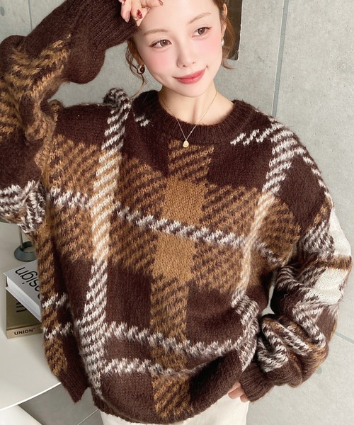 セール】ビッグチェックジャガードシャギーニットプルオーバー（ニット