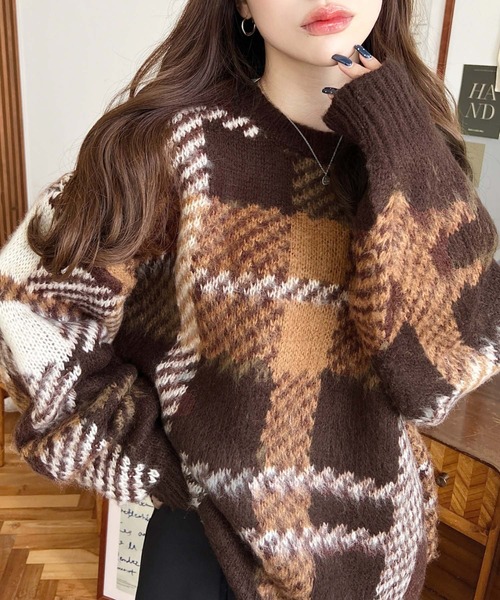 セール】ビッグチェックジャガードシャギーニットプルオーバー（ニット