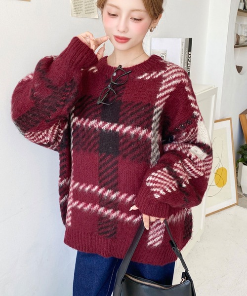 セール】ビッグチェックジャガードシャギーニットプルオーバー（ニット