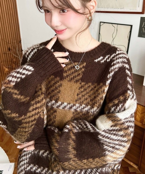 セール】ビッグチェックジャガードシャギーニットプルオーバー（ニット