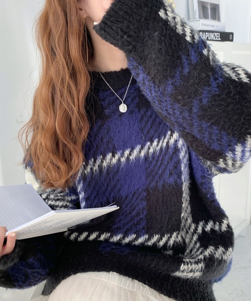 セール】ビッグチェックジャガードシャギーニットプルオーバー（ニット
