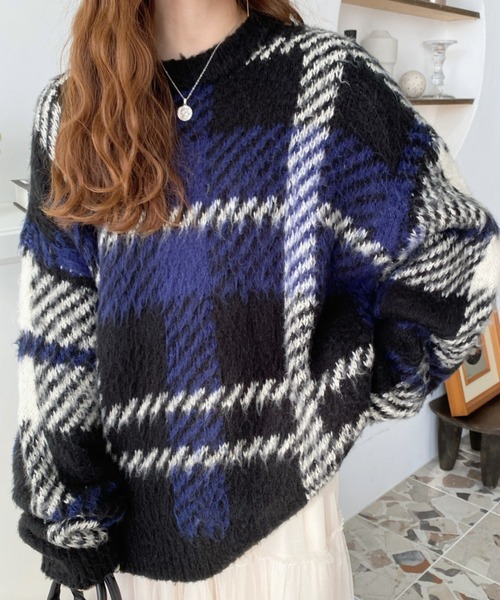 セール】ビッグチェックジャガードシャギーニットプルオーバー（ニット