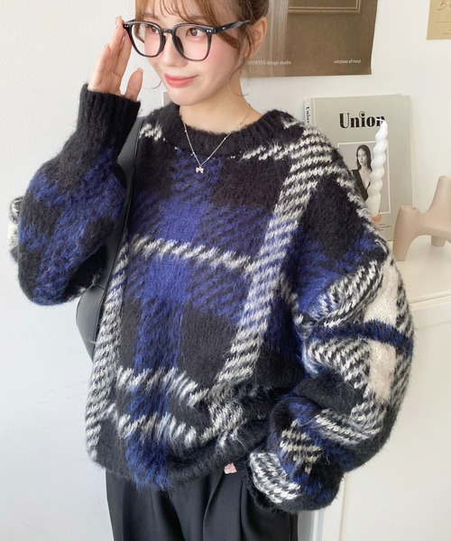 セール】ビッグチェックジャガードシャギーニットプルオーバー（ニット