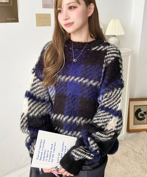 セール】ビッグチェックジャガードシャギーニットプルオーバー