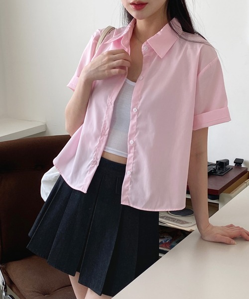 by muni:r（バイ ムニール）の「【お気に入り登録数1.5万突破！】パステルカラー半袖シャツ（シャツ/ブラウス・レディース・ホワイト/ミント/ブルー/ピンク・FREE）」の4枚目の写真