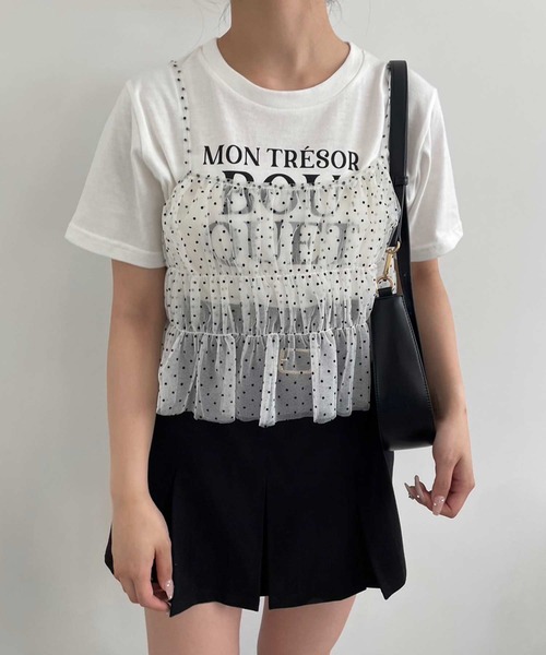 one after another NICE CLAUP（ワンアフターアナザーナイスクラップ）の「チュールビスチェ+ロゴＴセット（Tシャツ/カットソー・レディース・ドット/ブラック/ピンク・FREE）」の3枚目の写真