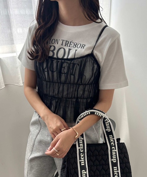 one after another NICE CLAUP（ワンアフターアナザーナイスクラップ）の「チュールビスチェ+ロゴＴセット（Tシャツ/カットソー・レディース・ドット/ブラック/ピンク・FREE）」の2枚目の写真