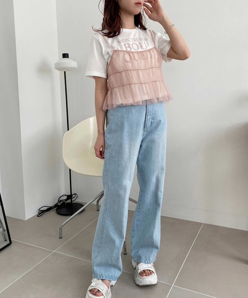 one after another NICE CLAUP（ワンアフターアナザーナイスクラップ）の「チュールビスチェ+ロゴＴセット（Tシャツ/カットソー・レディース・ドット/ブラック/ピンク・FREE）」の9枚目の写真