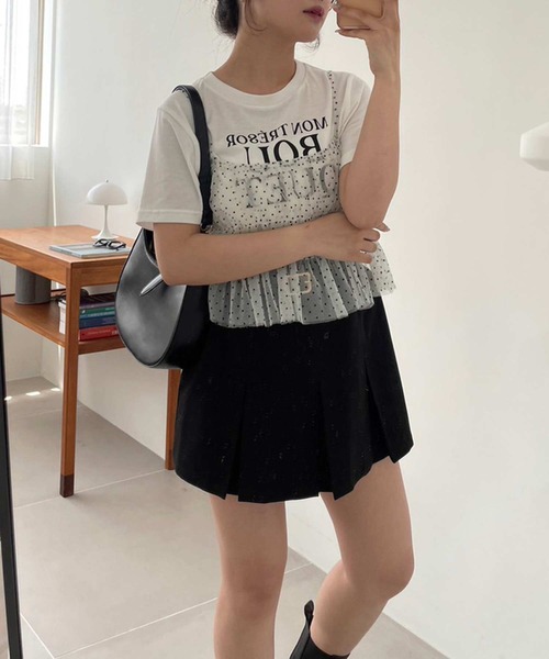 one after another NICE CLAUP（ワンアフターアナザーナイスクラップ）の「チュールビスチェ+ロゴＴセット（Tシャツ/カットソー・レディース・ドット/ブラック/ピンク・FREE）」の15枚目の写真