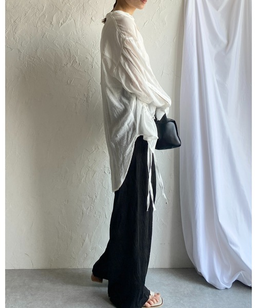 She's Closet(シーズクローゼット)の「セルフカットウェーブ柄ワイドストレートロングプリーツパンツ(その他パンツ・レディース・グリーン/ブラック・FREE)」の4枚目の写真