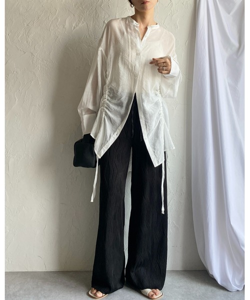 She's Closet(シーズクローゼット)の「セルフカットウェーブ柄ワイドストレートロングプリーツパンツ(その他パンツ・レディース・グリーン/ブラック・FREE)」の6枚目の写真