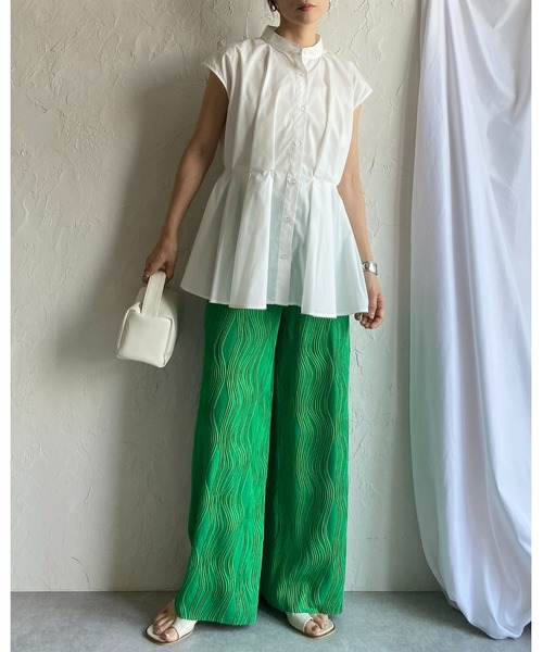 She's Closet(シーズクローゼット)の「セルフカットウェーブ柄ワイドストレートロングプリーツパンツ(その他パンツ・レディース・グリーン/ブラック・FREE)」の13枚目の写真