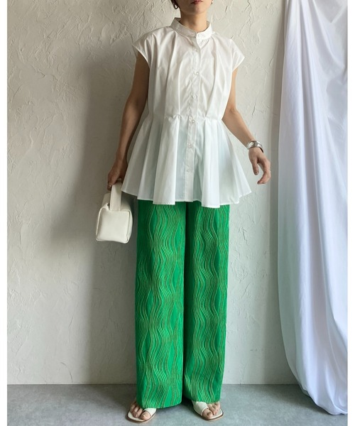 She's Closet(シーズクローゼット)の「セルフカットウェーブ柄ワイドストレートロングプリーツパンツ(その他パンツ・レディース・グリーン/ブラック・FREE)」の14枚目の写真