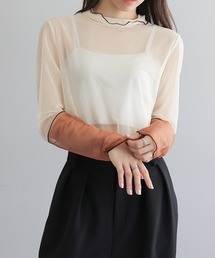バイカラースリーブメッシュハイネックトップス