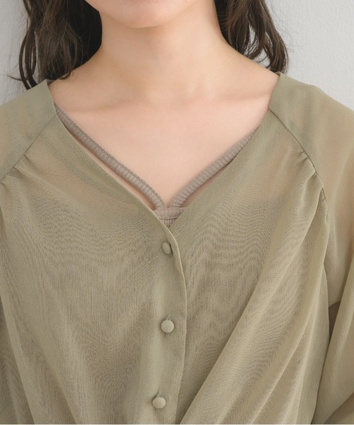 RETRO GIRL(レトロガール)の「ウエストリボンVネックシアーSH(シャツ/ブラウス・レディース・ナチュラル/グリーン/ベージュ・FREE)」の6枚目の写真