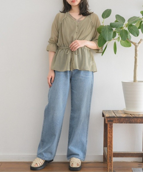 RETRO GIRL(レトロガール)の「ウエストリボンVネックシアーSH(シャツ/ブラウス・レディース・ナチュラル/グリーン/ベージュ・FREE)」の10枚目の写真
