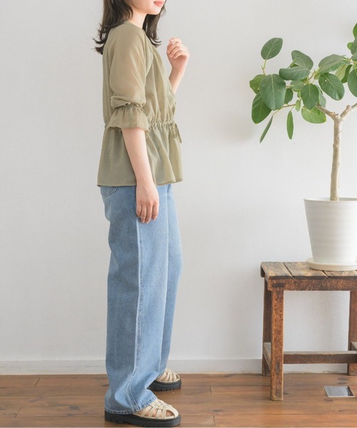 RETRO GIRL(レトロガール)の「ウエストリボンVネックシアーSH(シャツ/ブラウス・レディース・ナチュラル/グリーン/ベージュ・FREE)」の9枚目の写真